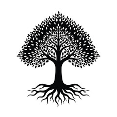 A detailed black silhouette of a full leafy tree with prominent roots is shown