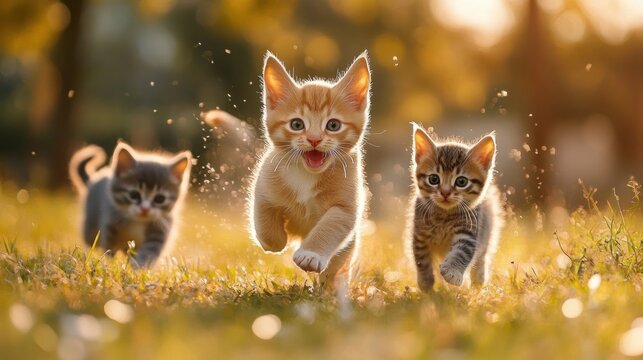 Three playful kittens running toward the camera across sunlit grass at golden hour, backlit and joyful with warm bokeh and drifting dust