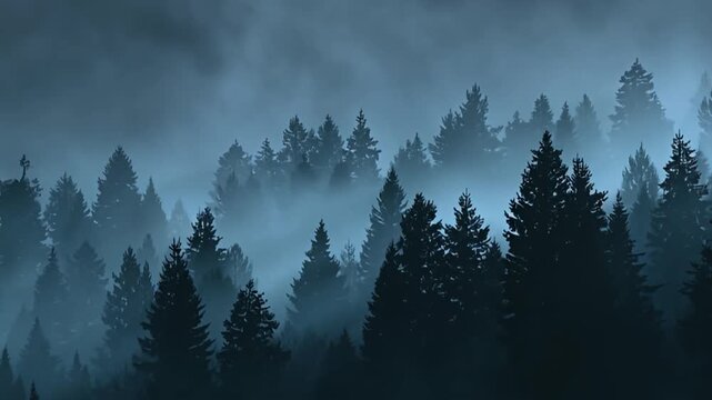 Misty forest landscape with dense fog and silhouetted trees viewed from a distance in a serene environment at dusk with trees surrounding the scene