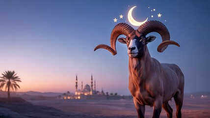 Ram looking forward desert mosque beautiful sunset