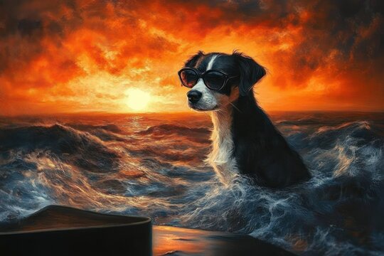 black and white dog wearing sunglasses sitting in choppy ocean waves at fiery sunset beside an open guitar case, cool and contemplative mood
