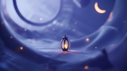 Ramadan lantern glowing, misty blue spiritual night, crescent moon