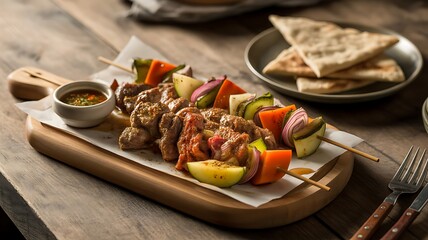 Roasted meat and fresh vegetable skewers with sauce and flatbread