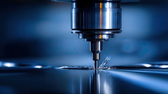 Precision CNC Machining Process Featuring Water Jet Cutting on Metal Surface with Sparkling Drops