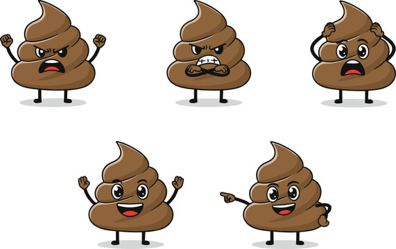 Poop emoji characters showing angry, scared, happy expressions, cartoon sticker set, cute vector illustration