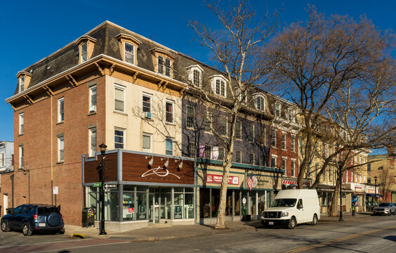 Nyack, NY - US - Jan 24, 2026 Historic Onderdock Block in Nyack, New York, featuring colorful 19th-century storefronts, apartments above, and a lively small-town streetscape.