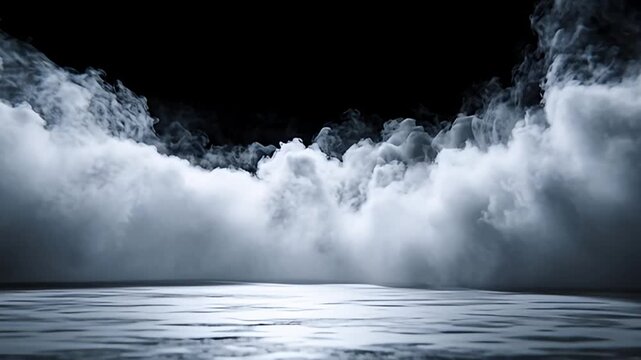 Misty fog surrounds dark water body with cloudy atmosphere and dramatic lighting effects from above viewpoint
