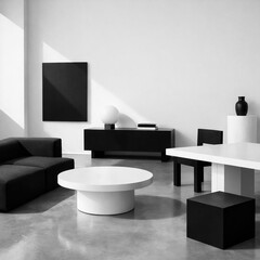 Modern Living Room Interior with Black and White Furniture and Concrete Floor