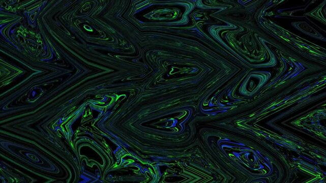 Intense dark liquid distortion featuring vibrant green and blue ripples creating a complex psychedelic pattern for high-energy digital backgrounds