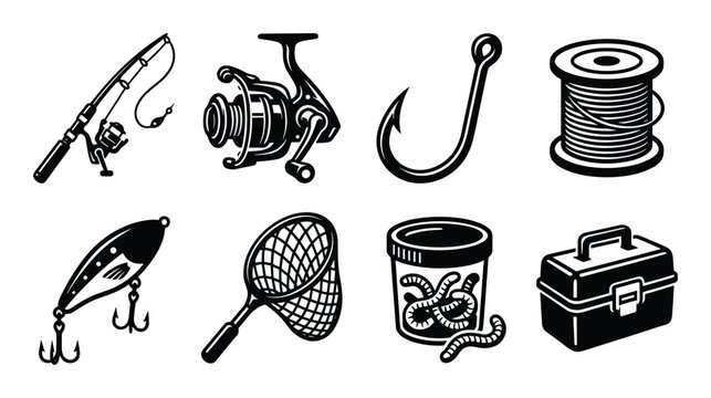A collection of fishing equipment line art vectors. Ideal for fishing, sport, and design projects