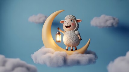 Cute cartoon sheep holding lantern on crescent moon in sky