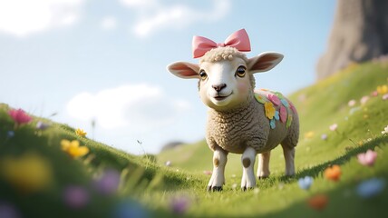 Cute lamb with pink bow and flower stickers in spring meadow