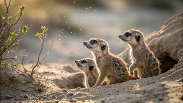 Alert meerkat family peeking from their burrow, their curious gaze fixed on the horizon in natural savanna light.
