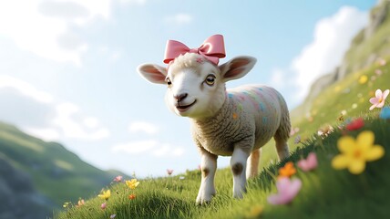 Cute lamb with pink bow and colorful spots in spring meadow