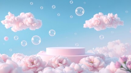 AI-generated dreamy surreal spring background, floating white podium inside pastel pink clouds
