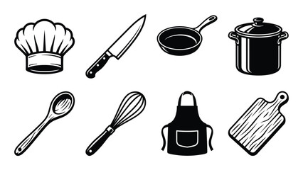 A set of kitchen utensils. Includes chef hat, knife, pan, pot, spoon, whisk, apron, cutting board icons vector