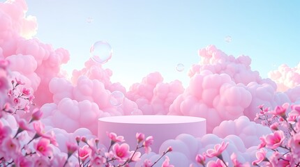 AI-generated dreamy surreal spring background, floating white podium inside pastel pink clouds