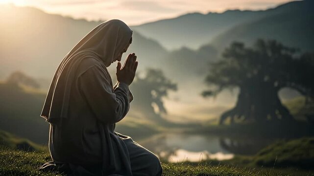 A silhouette of a person praying in a serene natural landscape.