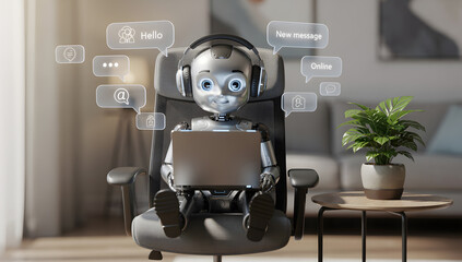 Fototapeta premium Cute Robot Working on Laptop in Office
