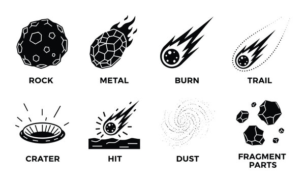 Asteroid impact elements vector icon set. Meteor rock burn trail dust fragment parts