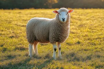 Fototapeta premium Woolly sheep standing in a sunlit grassy meadow at golden hour, calm curious expression, backlit rim light and warm pastoral atmosphere