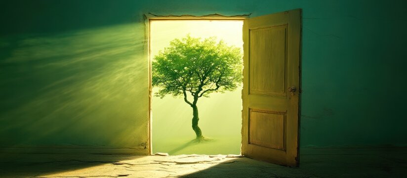 A new beginning, a path to growth and discovery, represented by an open door leading to a vibrant green tree bathed in sunlight