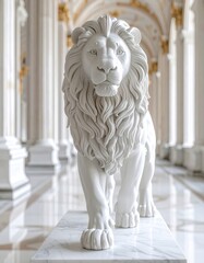 A regal white lion statue stands in an ornate hall