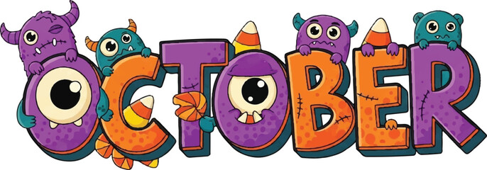Obraz premium Vibrant Halloween-themed illustration with colorful monster eyes and candy, symbolizing the month of October celebration