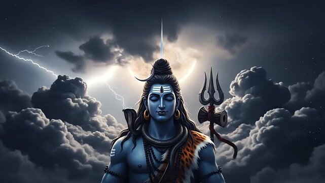 Hindu God Shiva with Trishul in Stormy Sky.