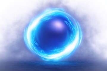 floating glowing blue energy orb encircled by a swirling electric ring above a dark reflective surface in misty fog, evoking mystery and power