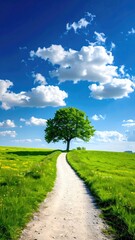 Path leading to tree under vibrant blue sky