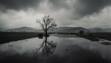 Obraz premium A lone tree reflects in a flooded field, with overcast skies and low hills beyond