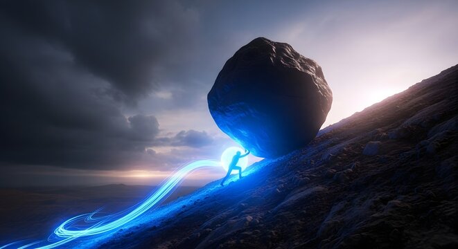 Luminous figure pushes colossal boulder up steep mountain with glowing orb, embodying human spirit overcoming immense challenges via determination, inner strength, and transformative effort