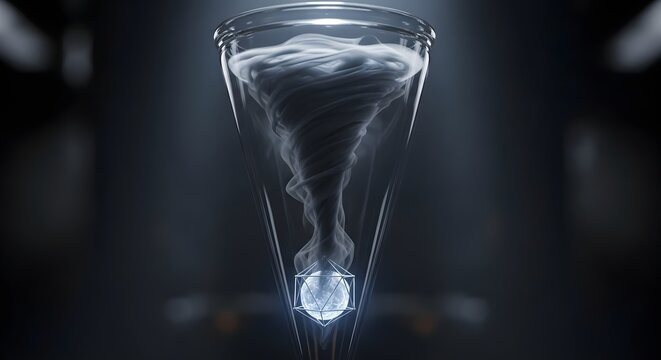 A swirling vortex of white smoke trapped within a glass cone distills chaos into a radiant geometric core, symbolizing the harnessing of raw energy into structured power and innovation