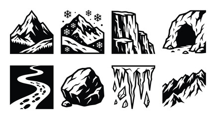 Obraz premium Collection of mountains and landscapes icons. Path, rock, cave, icicles. Vector graphic.