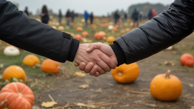 Handshaking in a pumpkin patch on a fall day