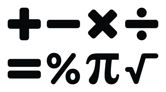 Collection of math symbols. Includes addition, subtraction, multiplication, division, equals, percent, pi, and radical.