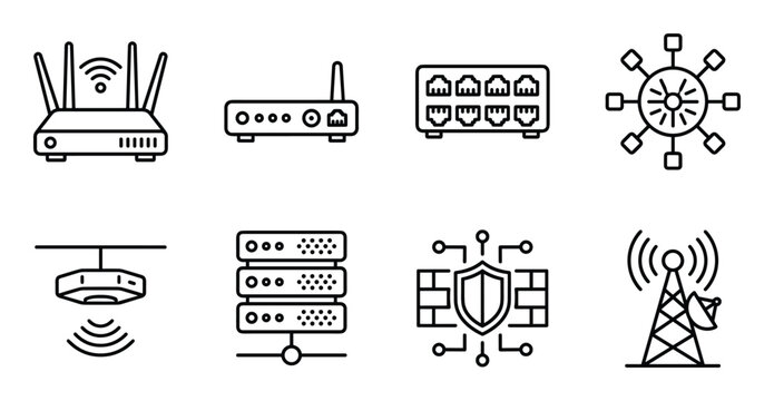 Collection of network equipment icons. Includes router, server, switch, antenna, hub and firewall icons.