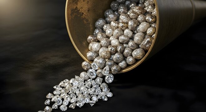 Rough mineral spheres spilling from a golden vessel metamorphose into sparkling faceted diamonds, a powerful visual metaphor for refining potential and creating value from raw materials
