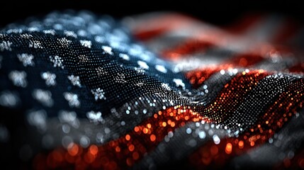 Abstract American flag made of glowing particles in a wave-like motion