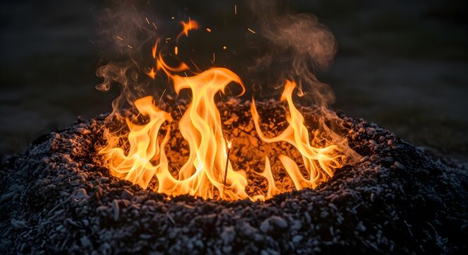 Vibrant tongues of fire emerge from a bed of charred remains, symbolizing the cyclical nature of destruction and renewal where hope reignites from the ashes of the past