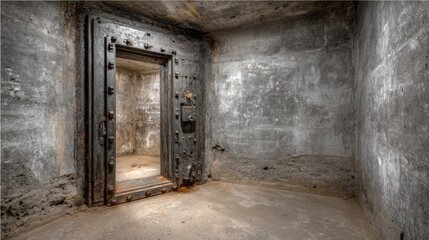 Obraz premium Abandoned Concrete Room with Steel Door in a Dark Location Showing Wear and Age Over Time