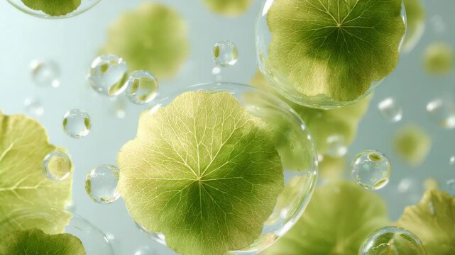 Fresh Green Centella Asiatica Leaves with Crystal Clear Water Droplets and Bubbles
