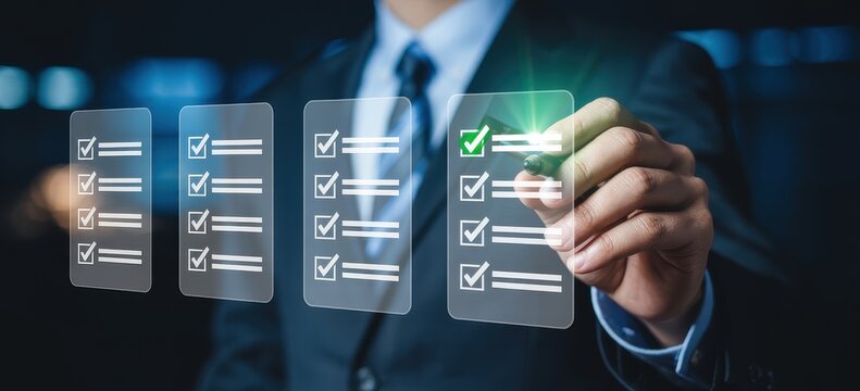 Businessman interacting with virtual checklists in a futuristic setting