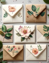 Floral decorated envelopes on a soft gray surface