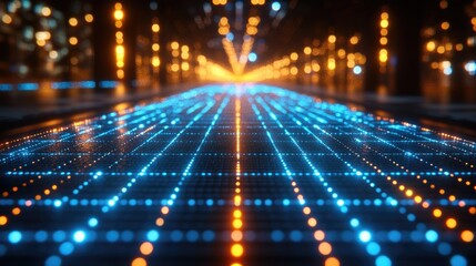 Futuristic cityscape illuminated with vibrant neon lights and digital grid overlay creating a
