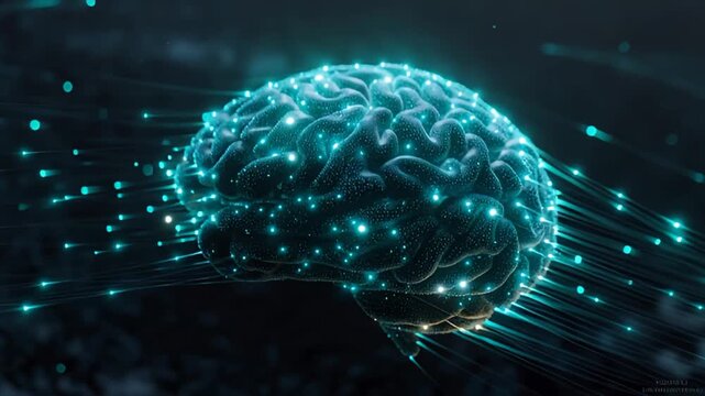 A futuristic digital brain illustration with glowing blue neurons and sparks on a dark background, symbolizing advanced technology and innovation