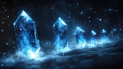 Mystical Blue Crystals Under a Starry Sky create a magical and dreamy landscape evoking wonder and