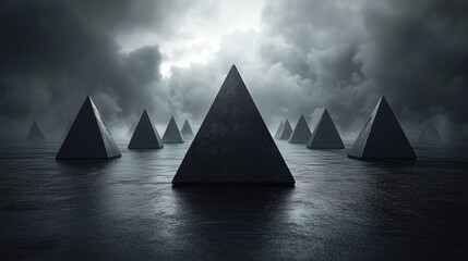 Mysterious pyramids rise from dark waters under a stormy and dramatic sky