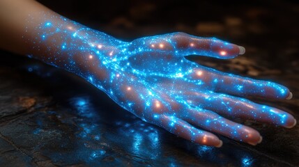 Mystical Hand with Glowing Blue Light Design, Evoking Magic and Innovation, Surreal Art